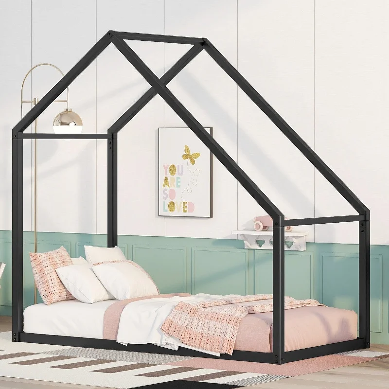 Black Twin Size Kids Metal House Bed - Roof Inspired Design, High-Quality Metal Frame