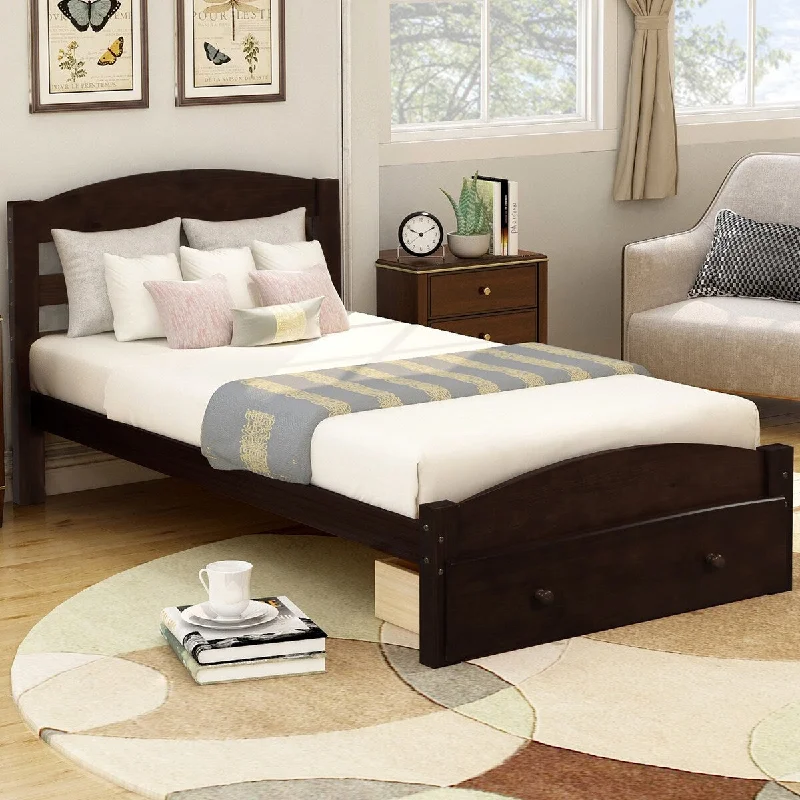 Black Twin Size Platform Bed Frame with Convenient Storage Drawer, Finished in Espresso