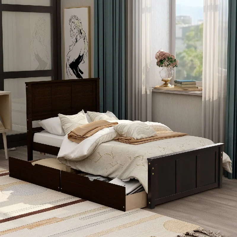 Black Twin Size/ Platform Storage Bed with 2 Drawers on Wheels - Sturdy Solid Wood and MDF Construction