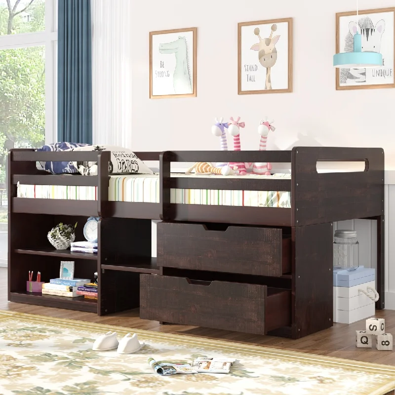 Black Twin Size Wood Loft Bed with Shelves & Drawers