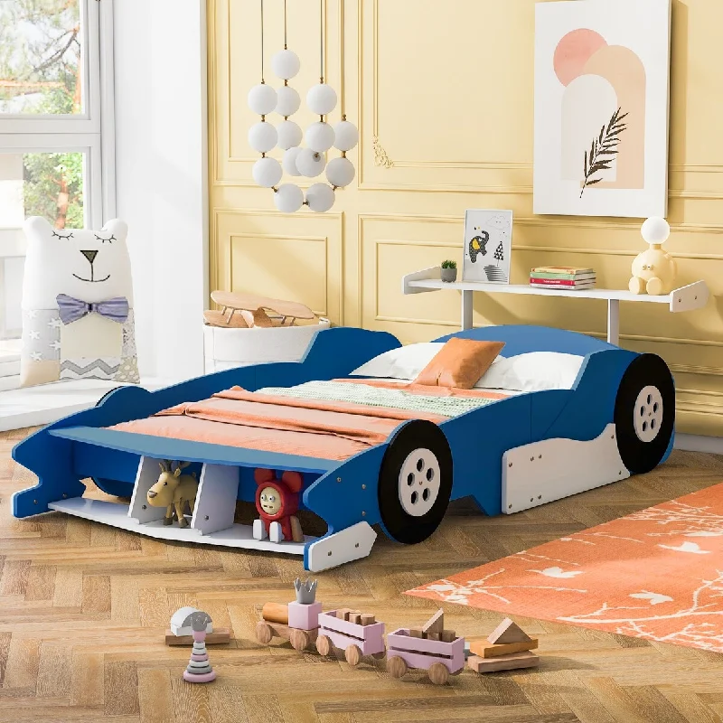 Blue Full Size Solid Wood Race Car-Shaped Platform Bed with Headboard, Wheels and Storage Rack