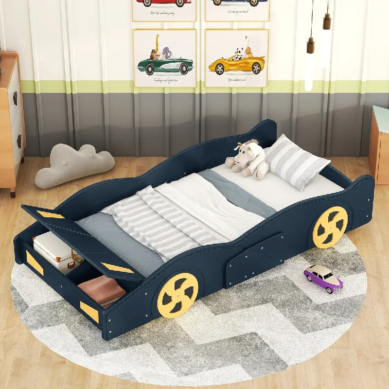 Blue Twin Size Race Car-Shaped Platform Bed with Integrated Storage for Fun and Functionality