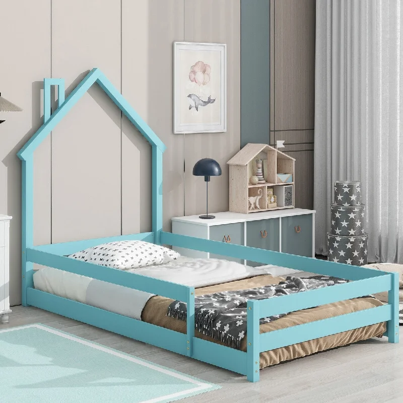 Blue Twin Size Wood Kids Floor Bed - House-shaped Headboard, Guardrails, Multiple Colors Available