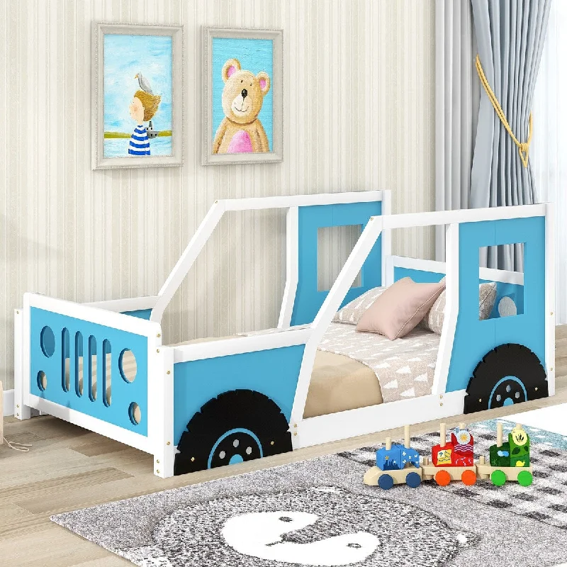 Blue Twin SizePine Platform Bed Shaped Like a Car