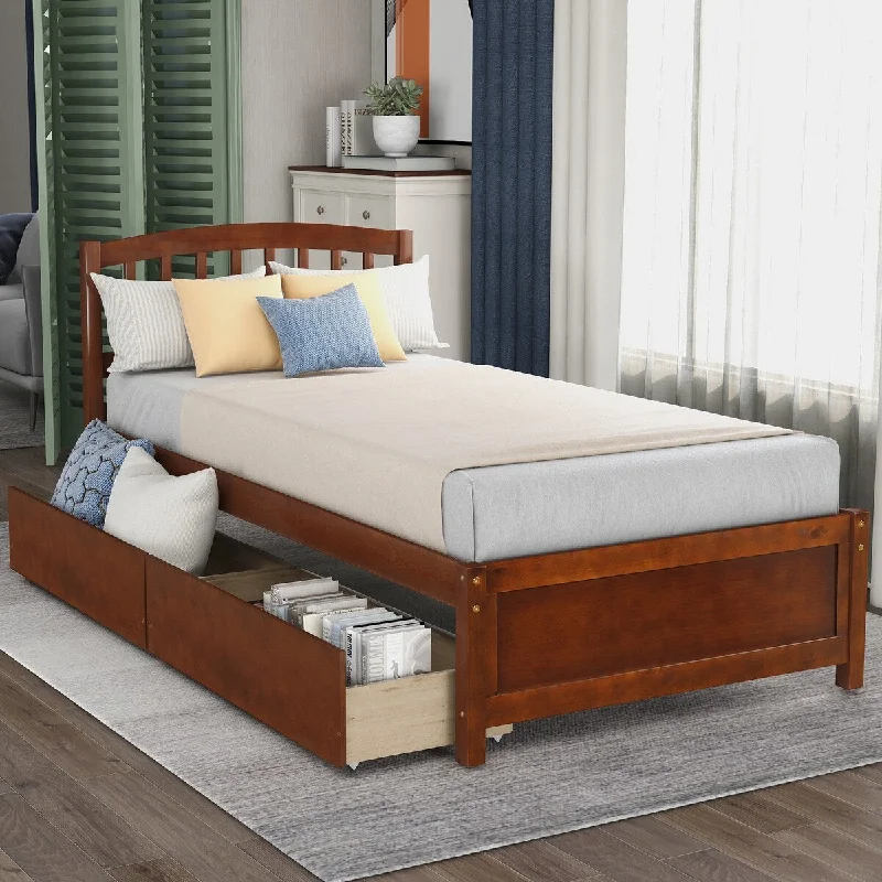 Brown Twin Size Platform Storage Bed Frame with Headboard, Two Drawers