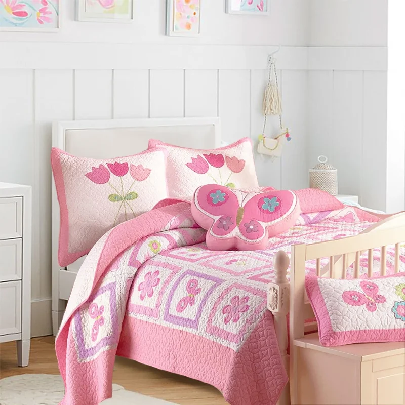 Butterfly Flower Pink Quilt Bedding Set