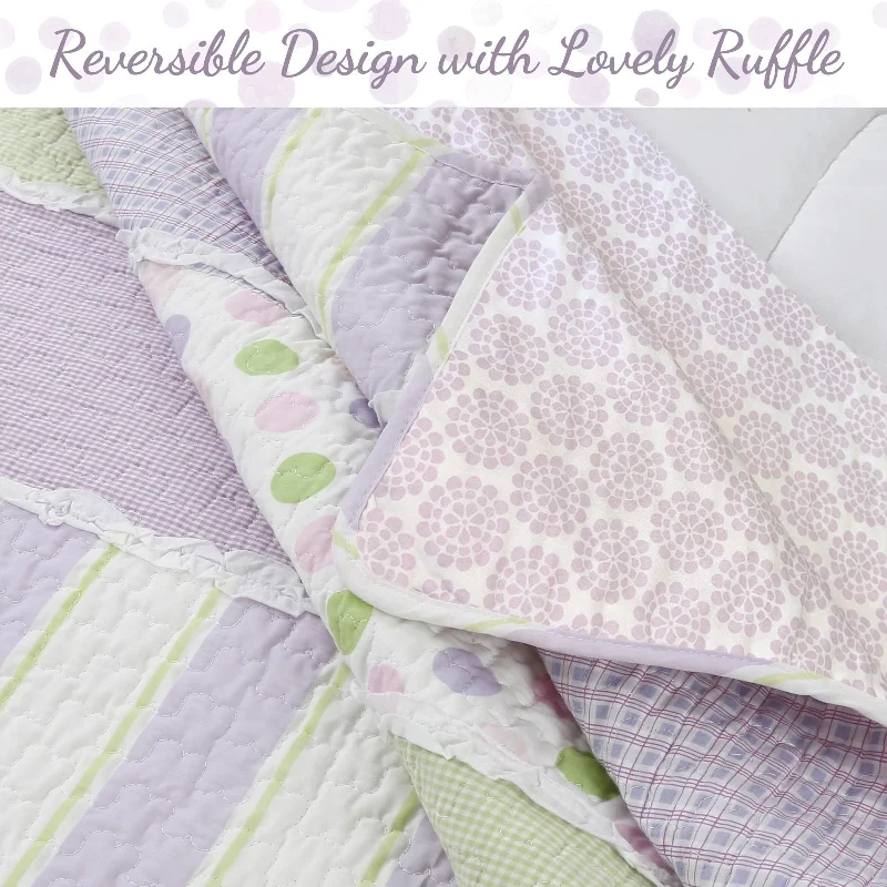 Cozy Line Lilac Purple Green Stripe Polka Dot Checker White Ruffle Patchwork Cotton Reversible Quilt Bedding Set