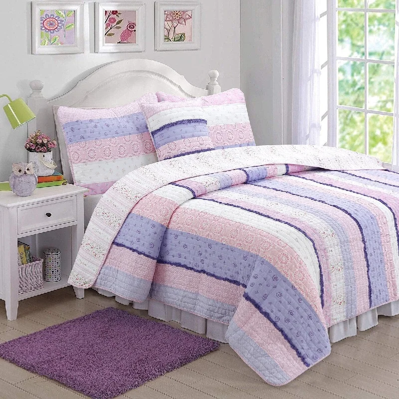 Cozy Line Pink Purple Fun Floral Ruffle Stripe Cotton Quilt Bedding Set