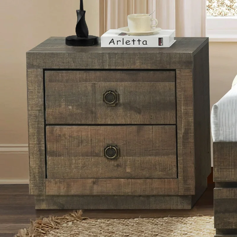 Farmhouse Nightstand End Table with 2 Storage Drawers and Pewter-Finished Knobs for Bedroom