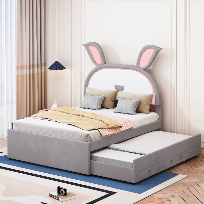 Full Size Kids Bed with Trundle Rabbit-Shaped Headboard, Gray