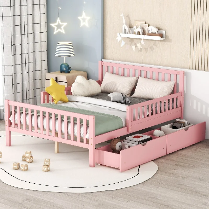 Full Size Kids Bed with Two Storage Drawers, Pink