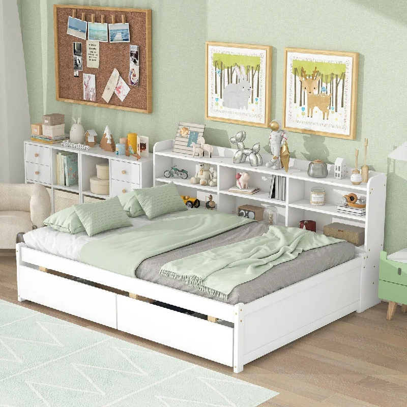 Full Size Platform Bed with Storage Side Bookcase and 2 Storage Drawers, Wooden Slat Frame Support