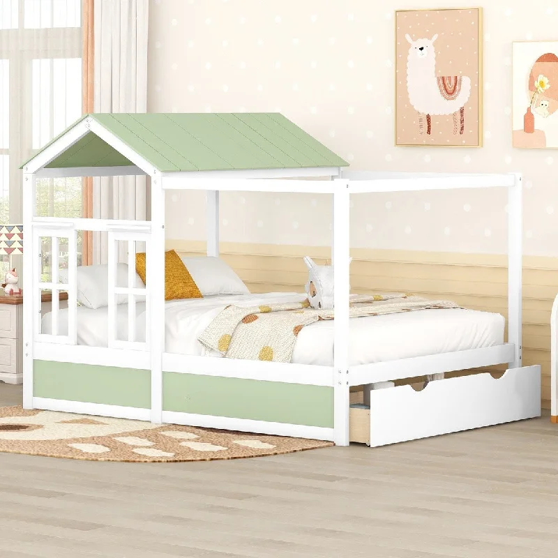 Green Full Size House Bed with Roof and Window for Cozy Comfort