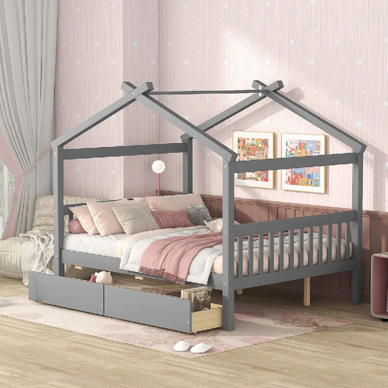 Grey Full Size House Bed with Convenient Drawers for Extra Storage