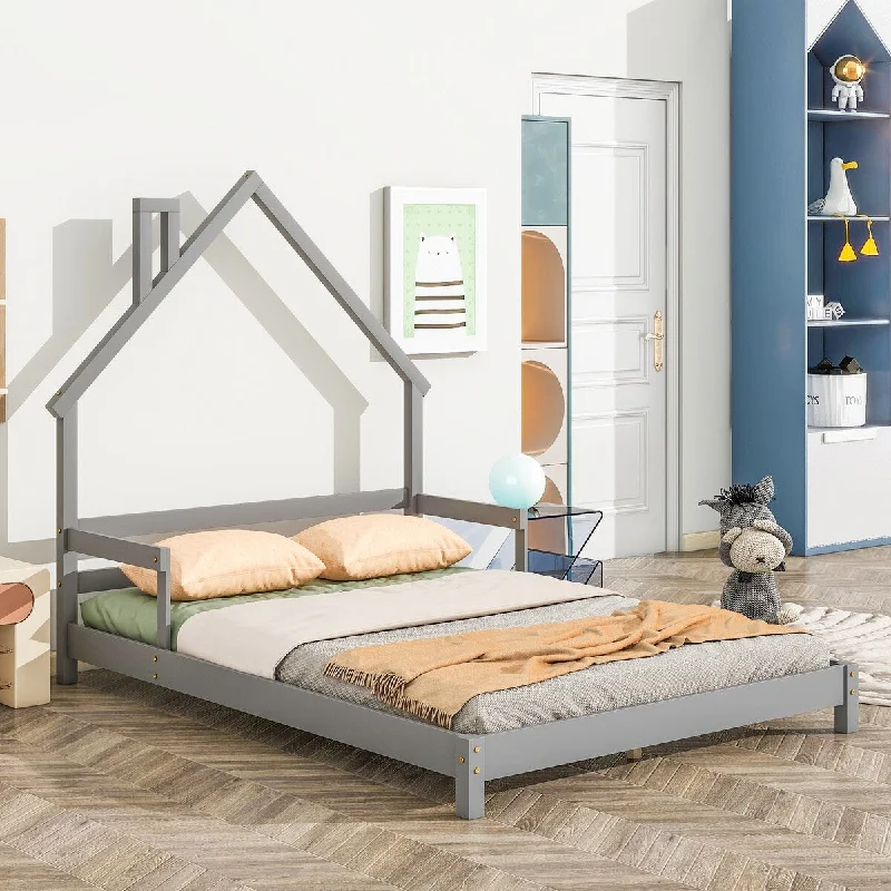 Grey Full Size House Bed with Handrails and Slats - Whimsical Design