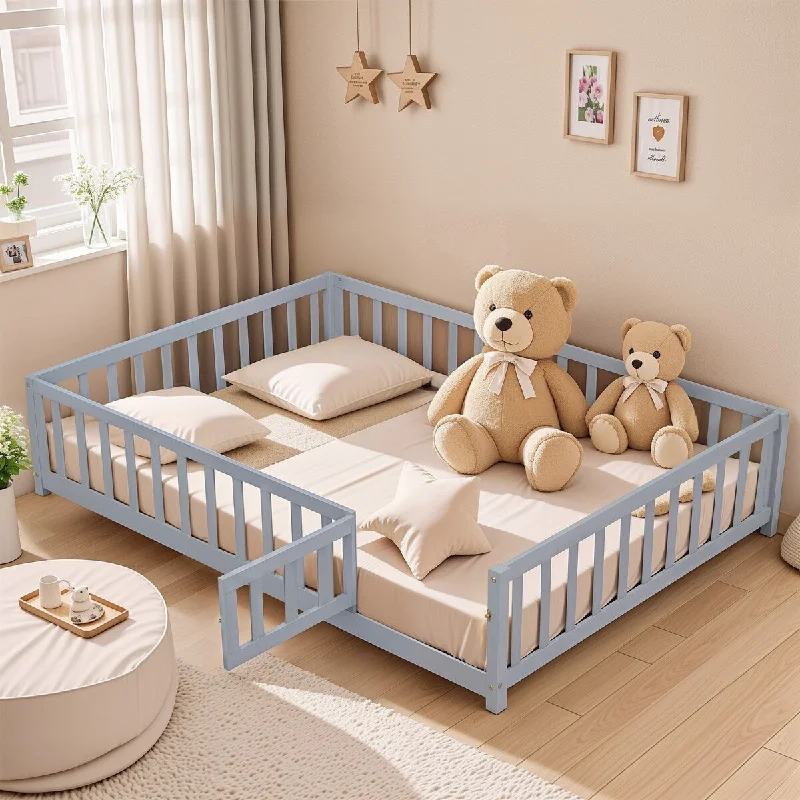 Grey Full Size Montessori Floor Platform Bed with Fence and Door for Kids, Made from Sturdy Wooden Bed Frame