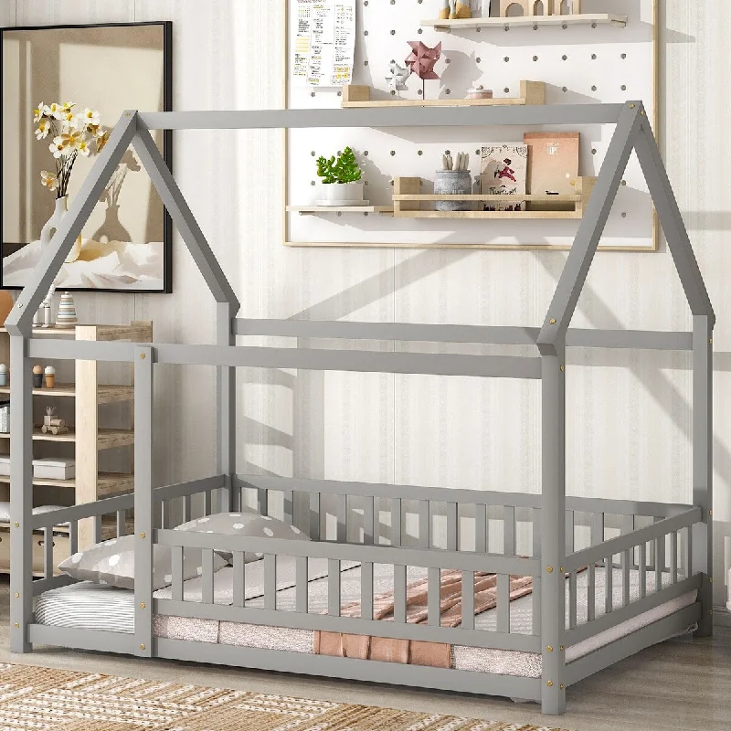 Grey Full Size Natural Wooden Floor Bed with Charming House Roof Frame and Attached Guardrails