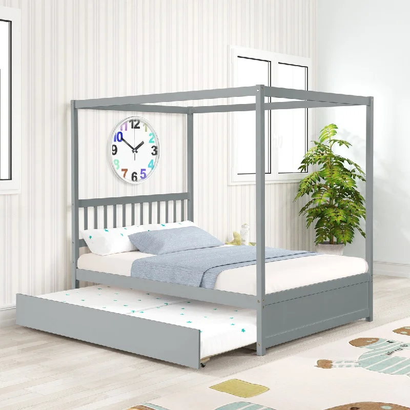 Grey Full Size Pine Poster Bed with Trundle