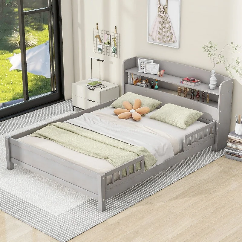 Grey Full Size Platform Bed with LED Light, Storage Headboard, and Guardrail - Wood