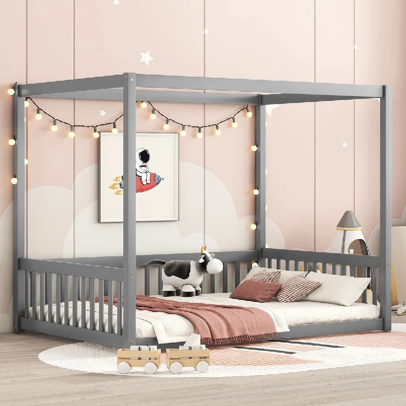 Grey Full Size Wood Canopy Bed with Safety Rails