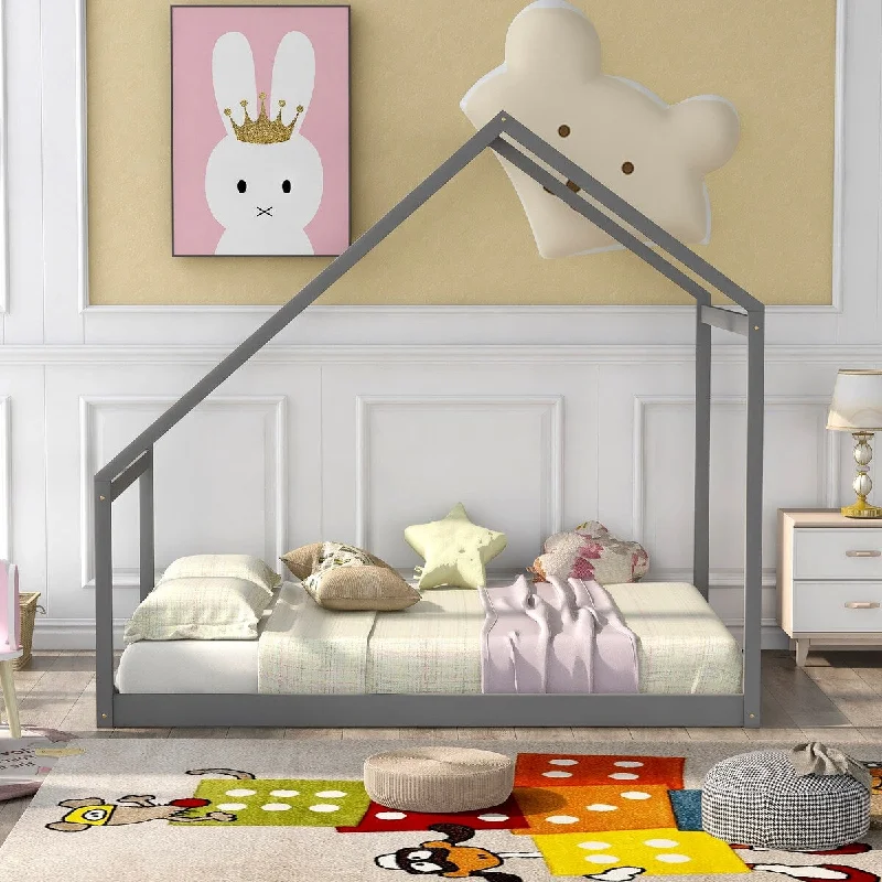 Grey Full Size Wooden House Bed, Multiple colors available