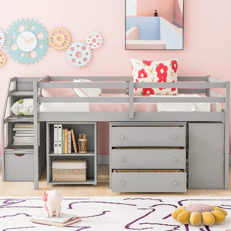 Grey Full SizeMulti-Functional Loft Bed with Retractable Writing Desk and Comprehensive Guardrails for Safety