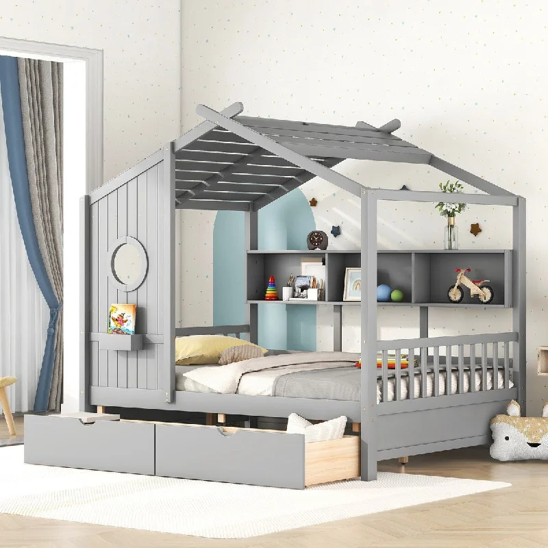 Grey Full SizeWooden House Bed with 2 Drawers, Kids Bed with Storage Shelf, /