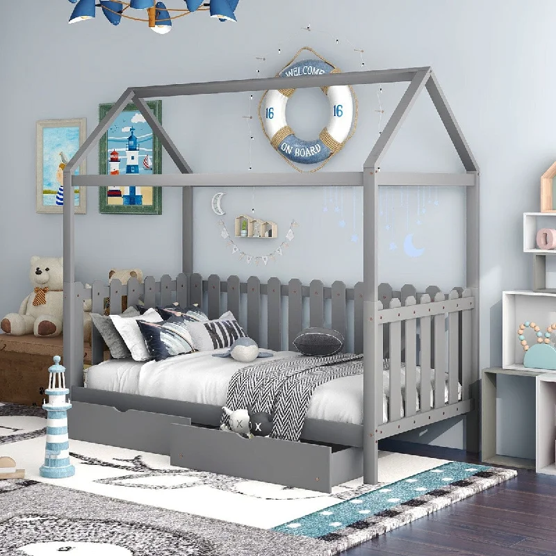 Grey Twin Size House Bed with Drawers and Guardrail Fence