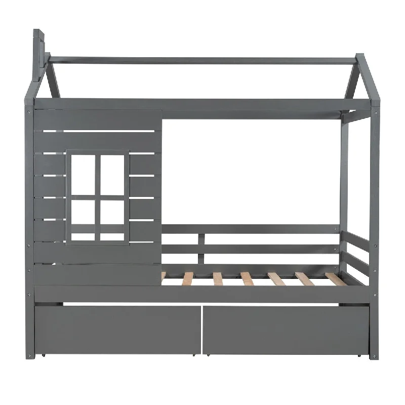 Grey Twin Size House Bed with Integrated Drawers and Secure Guardrails for Safety