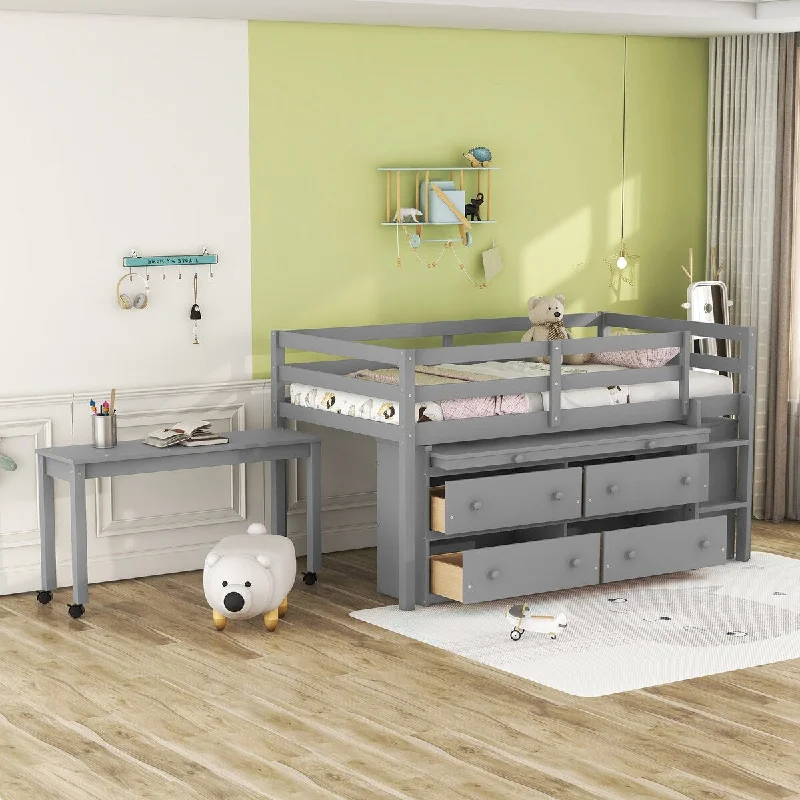 Grey Twin Size Loft Bed with Retractable Writing Desk and Drawers