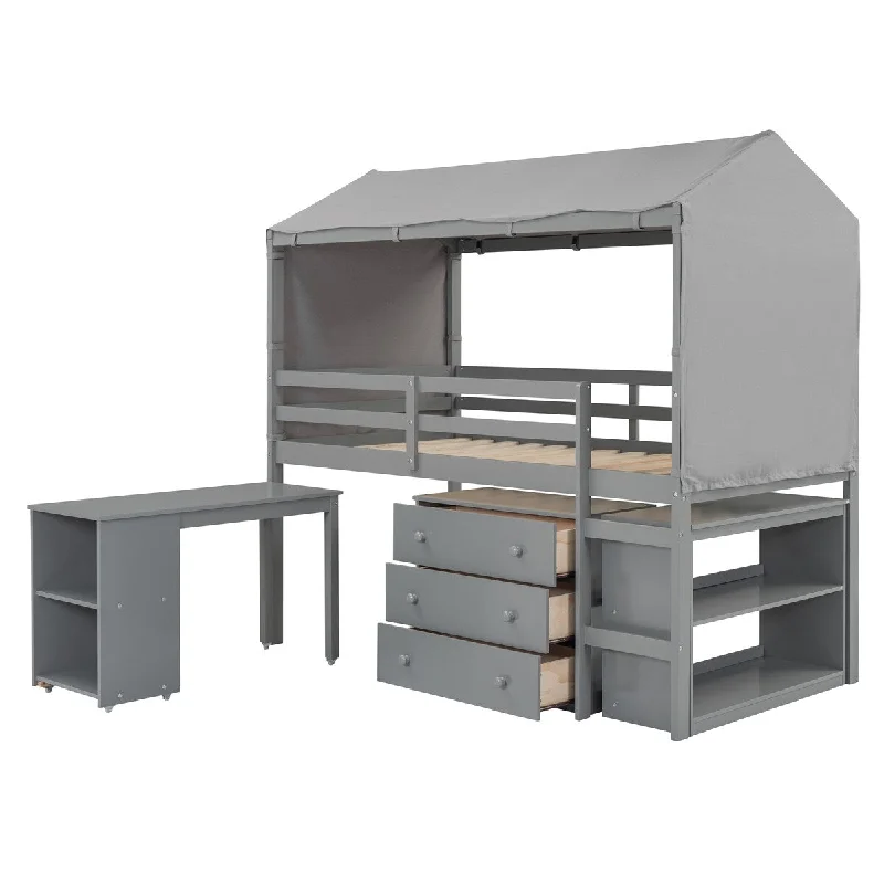 Grey Twin Size Loft Bed with Rolling Cabinet, Shelf, and Tent