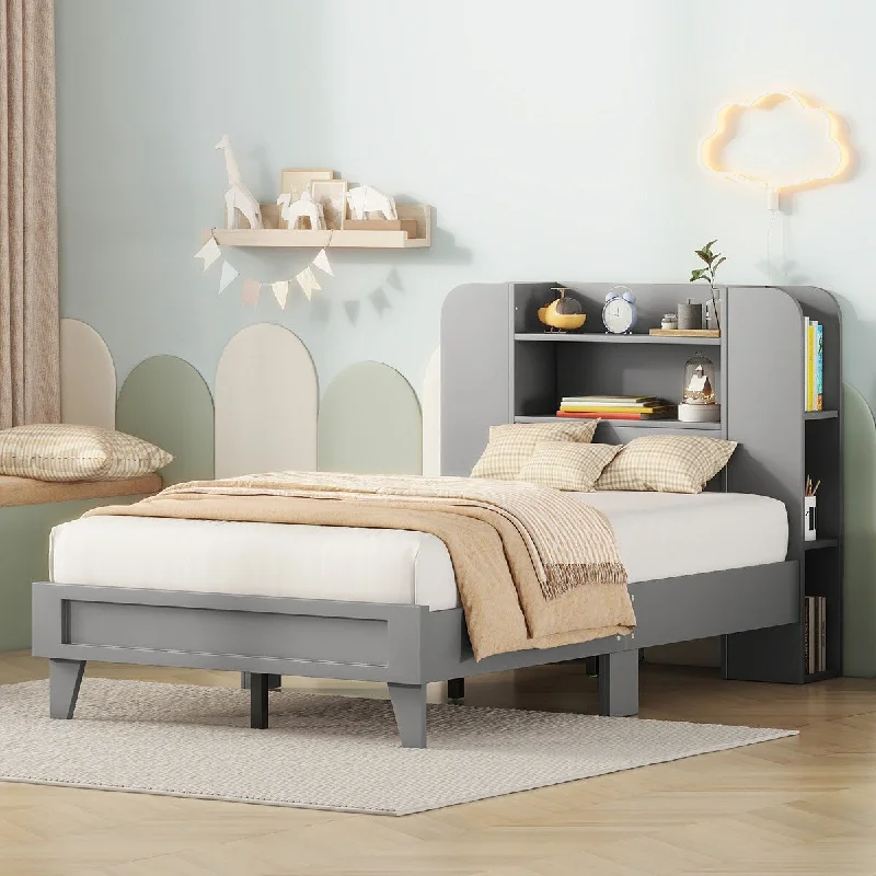 Grey Twin Size Platform Bed with Storage Headboard,Size Constructed from Durable Particle Board, Suitable for Teenagers