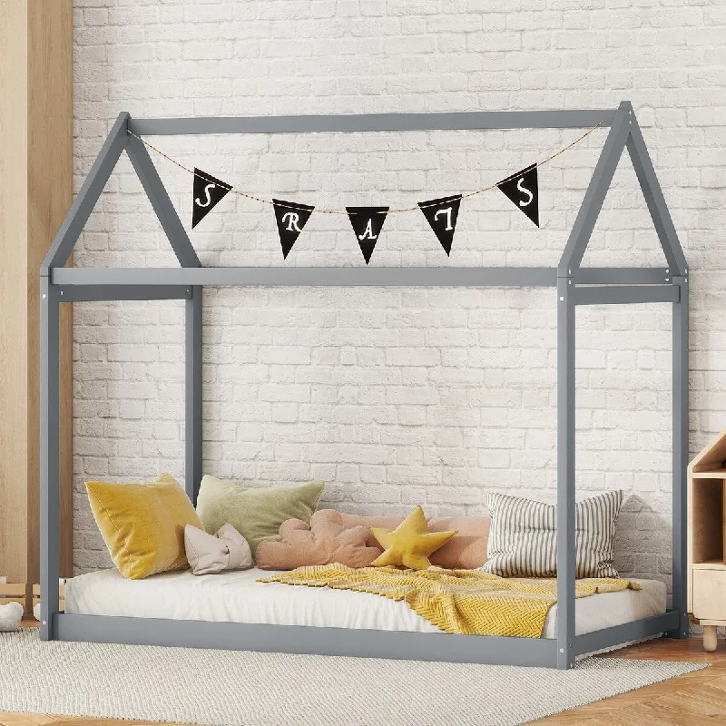 Grey Twin Size Solid Wood House Bed