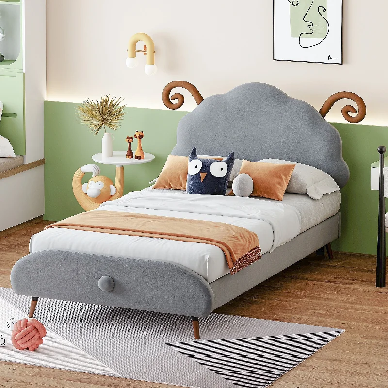 Grey Twin Size Upholstered Platform Bed with Animal Shaped Headboard