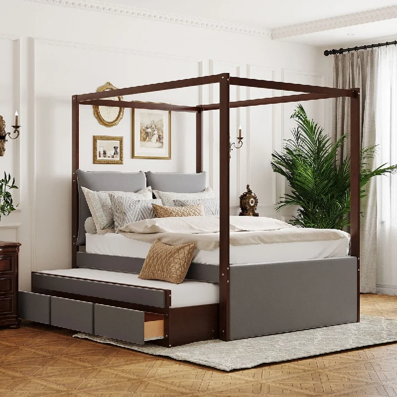 Grey Upholstered Canopy Bed with Trundle