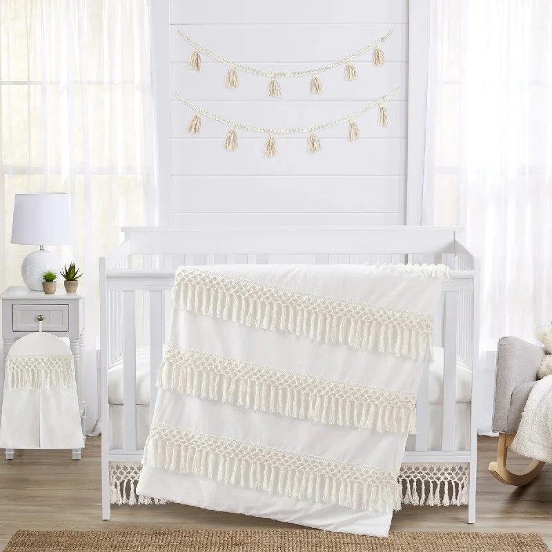 Ivory Gender Neutral Bohemian Boho Crib Bedding Set Solid Color Beige Chic Minimalist Macrame Trim Tassel Fringe Cotton - 4pc