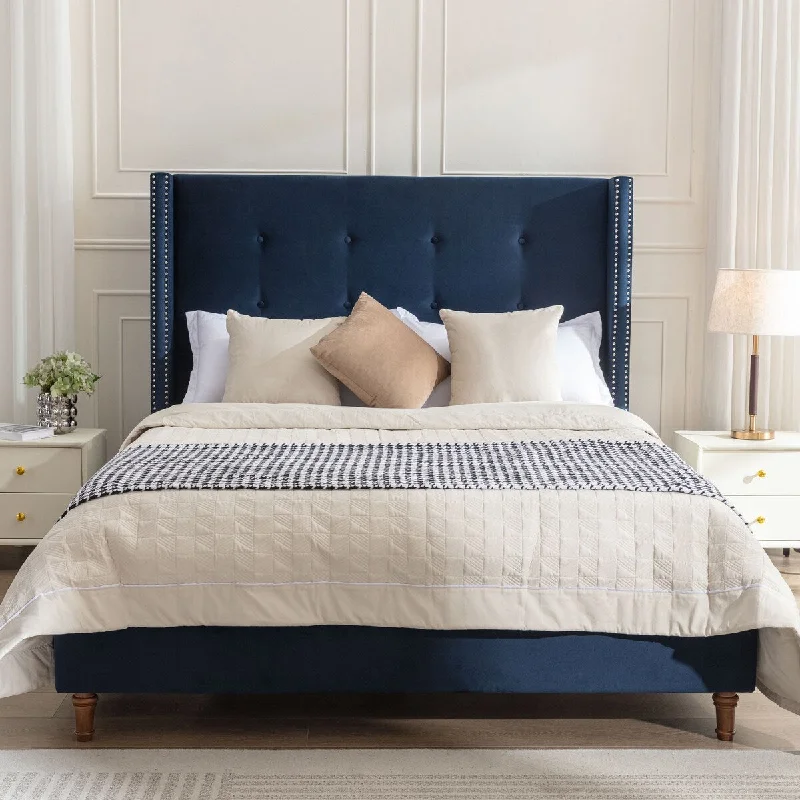 King Size Peyton Upholstered King Bed with High Headboard, No Box Spring Needed , Easy Assembly