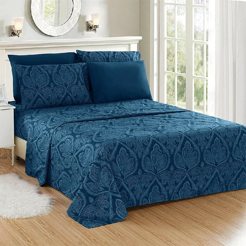 Luxury 6 Piece Bed Sheet Set 1800 Count Paisley Twin Navy Blue