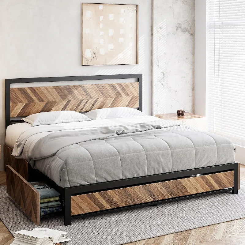 Metal Platform Bed Frame with Rustic Vintage Wood Headboard