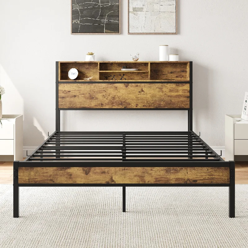 Metal Platform Bed with Storage Headboard, Charging Station & Bookcase