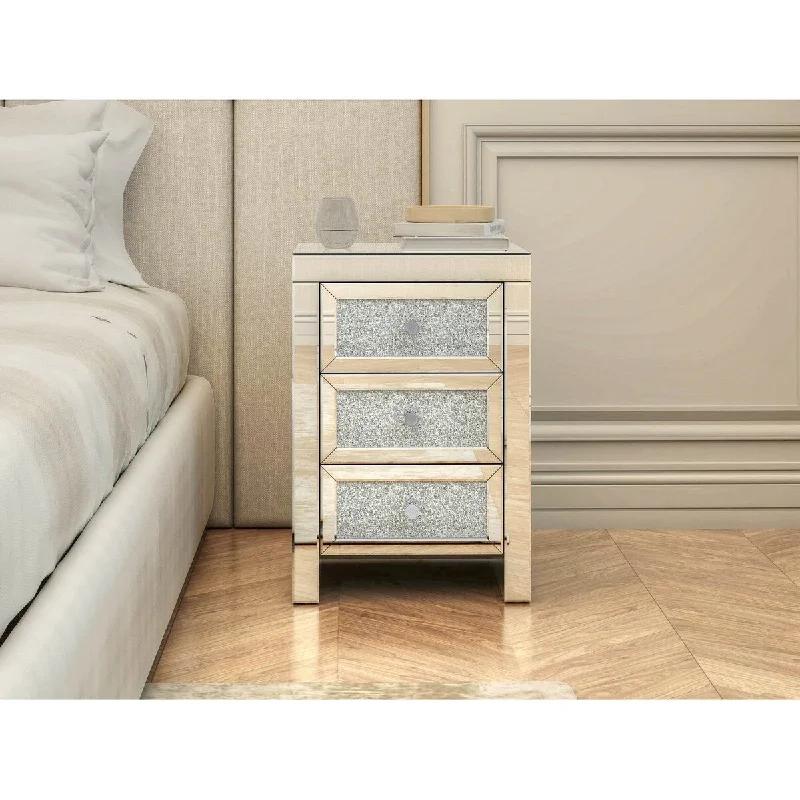 Mirrored Night Stand Bedside Tables Drawer Crystal Diamond