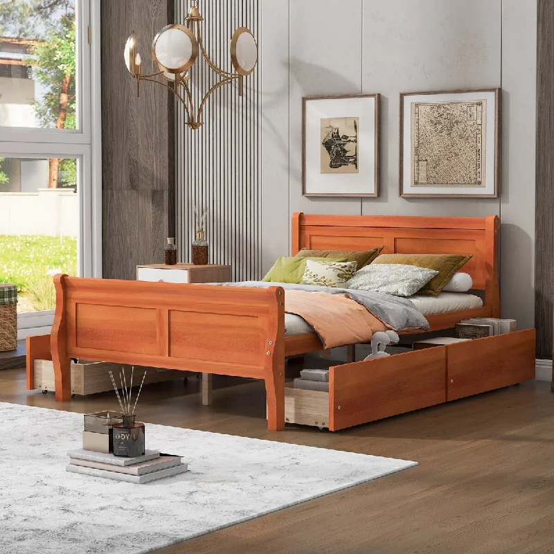 Orange Full SizeElegant Wood Platform Bed with Four Drawers