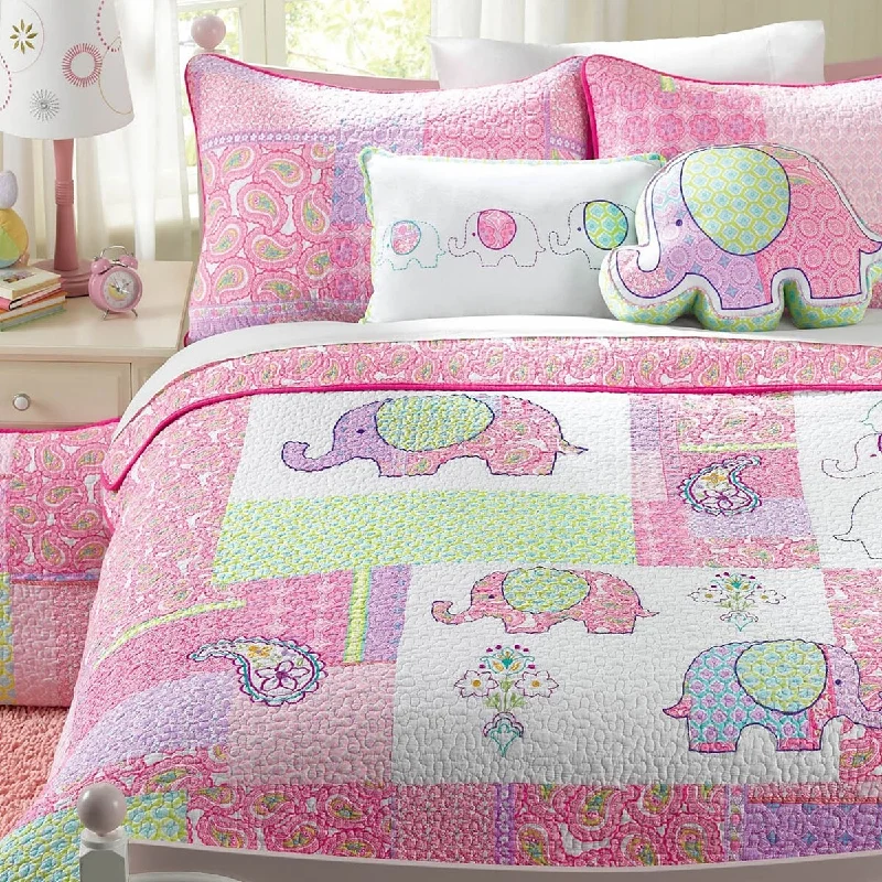 Pink Elephant Patch Cotton Pink Purple Paisley Quilt Bedding Set