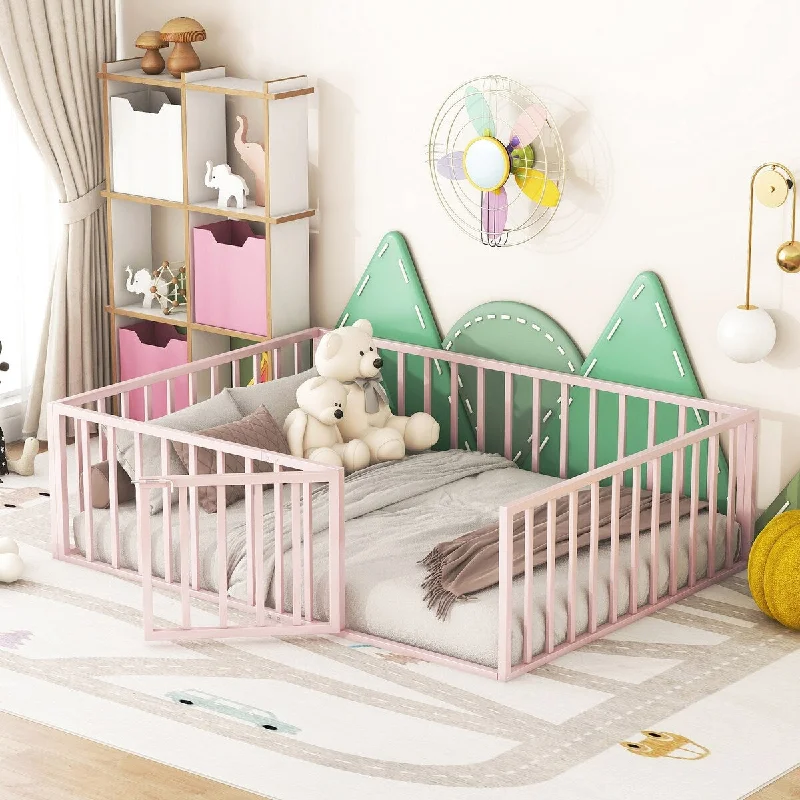 Pink Full Size Metal Floor Bed Frame with Fencing