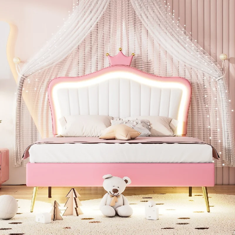 Pink Full Size Upholstered Platform Bed with LED Lights, Modern and Crown Headboard