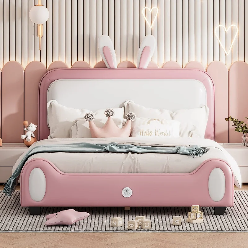 Pink Full Size Upholstered Rabbit-Shape Princess Bed for Whimsical Comfort