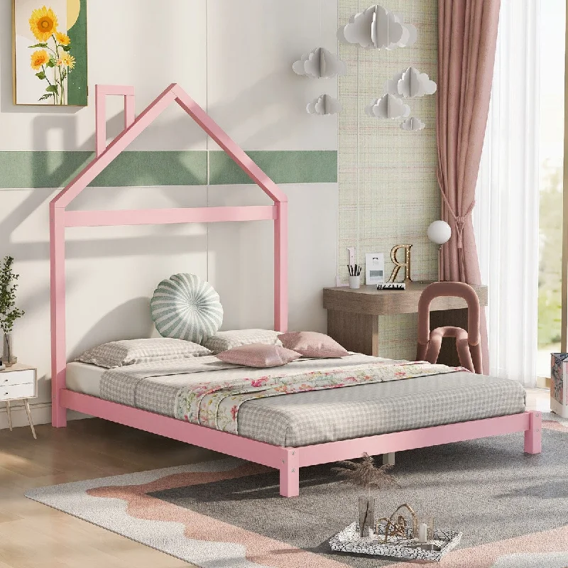 Pink Full Size Wood Platform Bed with House-Style Headboard