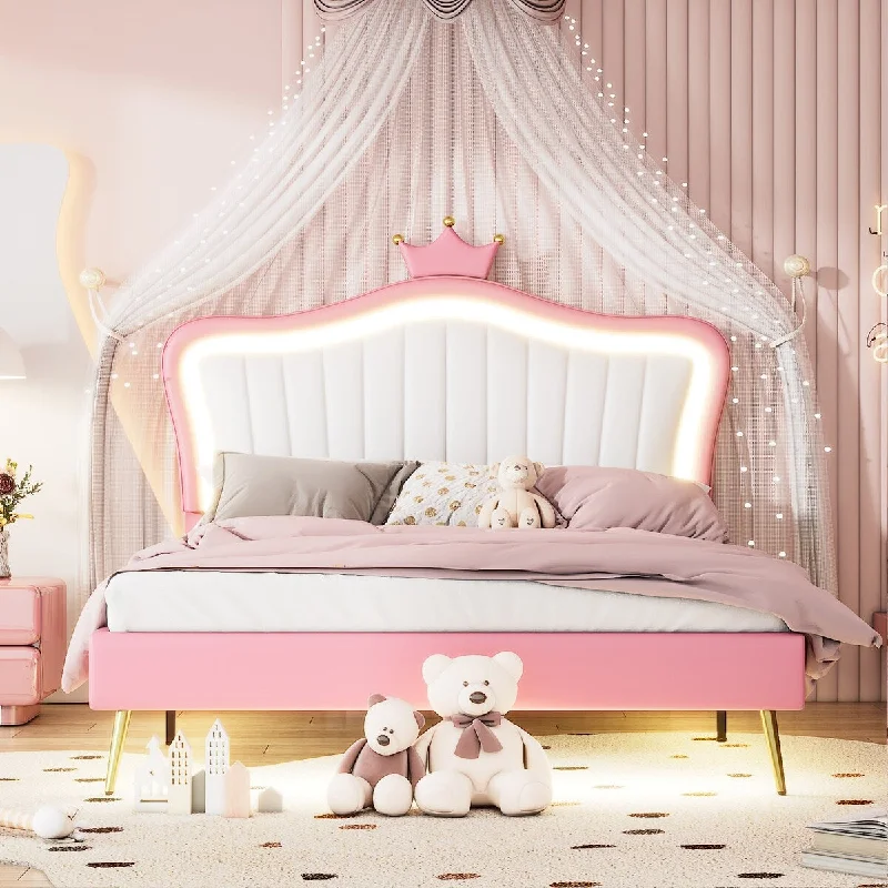 Pink Queen Size Upholstered Bed Frame with LED Lights,Modern Upholstered Princess Bed With Crown Headboard