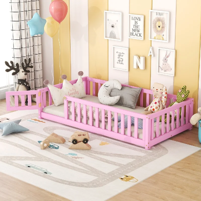 Pink Twin Size Floor Bed with Safety Guardrails and Door, Designed for Kids' Safety and Easy Access