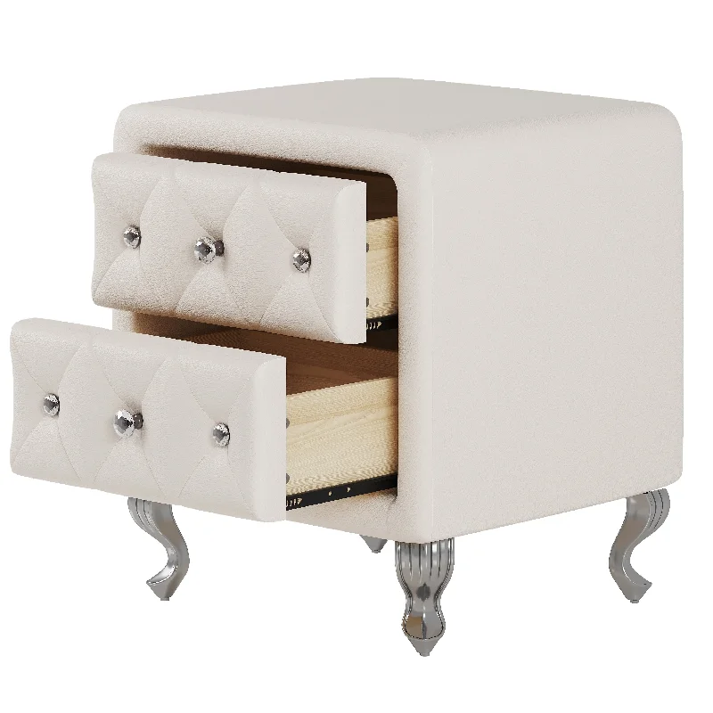 PU Nightstand - 2 Drawers White Storage Bedside Table, Crystal Handle End Table, Office Side Table with Metal Legs & Handles